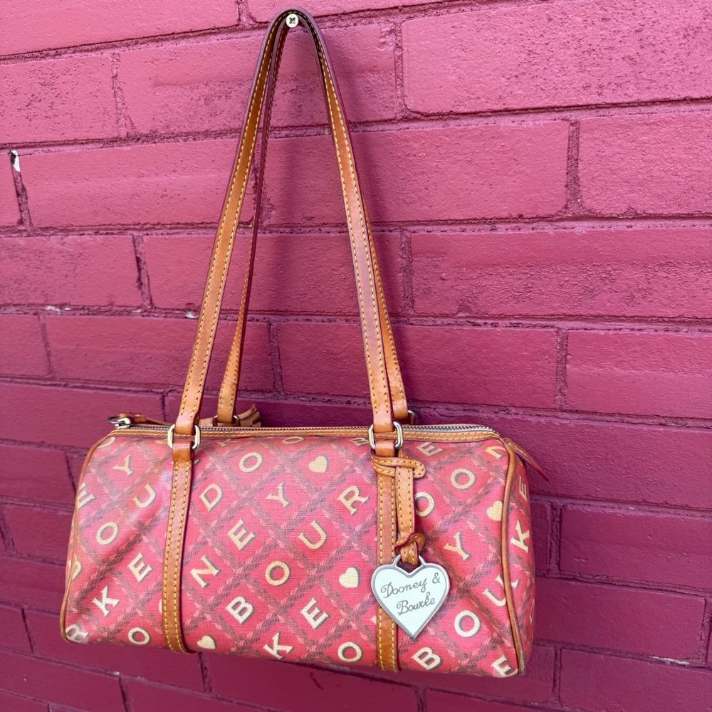 Dooney & Bourke Vintage Red Monogram Barrel Bag Heart Charm Leather Trim